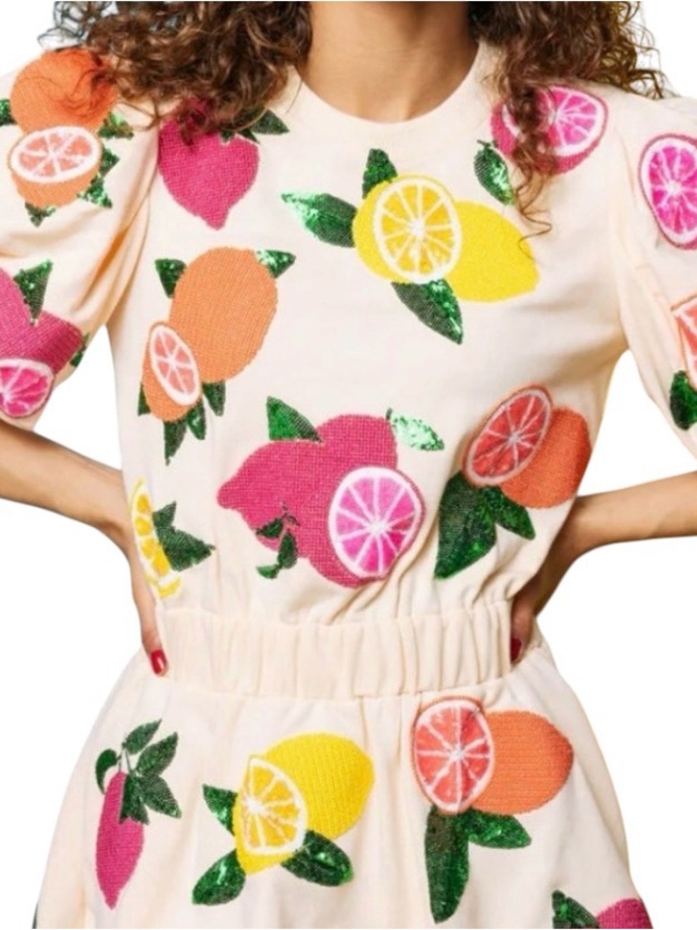 QUEEN OF SPARKLES Cream Mini Dress with Pink, Yellow & Orange Fruit Appliqués